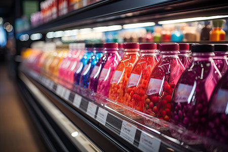 Rack with colorful product packages in the supermarket, vibrant colors and light reflections, Generative AIの素材