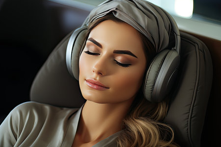 woman lying with eyes closed wearing headphones and headband and resting close-up, Generative AIの素材
