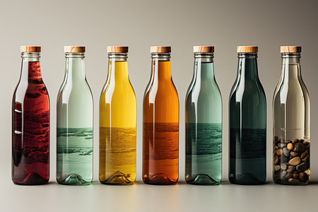 different water bottles with labels for daily consumption and various packaging shapes, Generative AIの素材