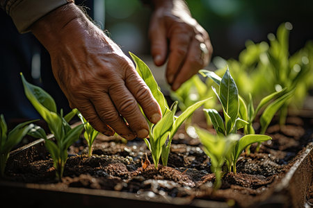 Close up hands of young farmer examining young corn maize crop plant in cultivated agricultural field, Generative AIの素材