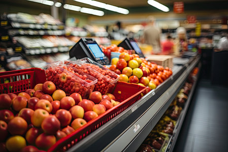 Supermarket cashier checkout workplace with card payment terminal, order screen, shopping market basket with assorted grocery products, fresh food. Budget planning, money saving. Generative AIの素材