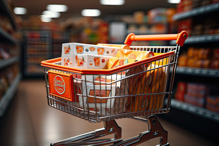 Supermarket cashier checkout workplace with card payment terminal, order screen, shopping market basket with assorted grocery products, fresh food. Budget planning, money saving. Generative AIの素材