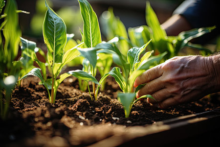 Close up hands of young farmer examining young corn maize crop plant in cultivated agricultural field, Generative AIの素材