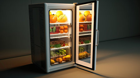 Open refrigerator with fresh produce, Generative AIの素材