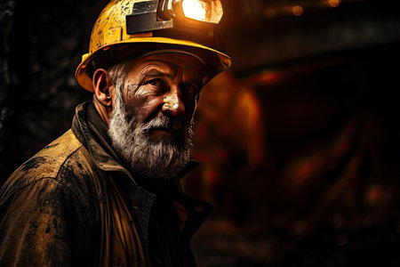 Caucasian man with dirty face, helmet on his head, deep mine natural resource miner, concept of hard working conditions mining industry, Generative AIの素材