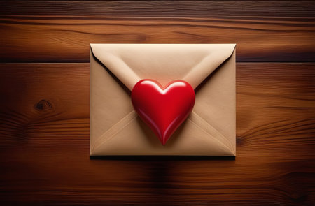 Envelope with heart sign isolated on a wooden background. 8 march, Mother's day, Valentine's Day template. Top view with copy space. Generate AIの素材