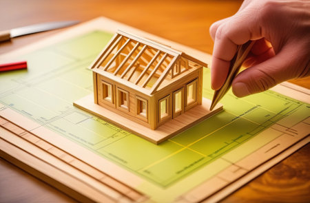 Wooden frame house model building project concept, Under construction wooden frame house model on blueprints with copy space for text placement, Generate Aiの素材