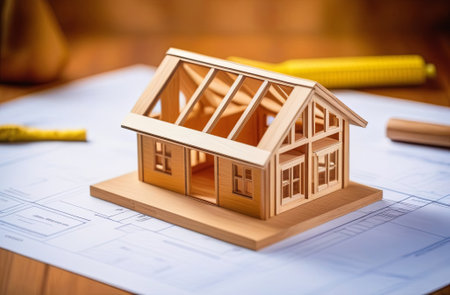 Wooden frame house model building project concept, Under construction wooden frame house model on blueprints with copy space for text placement, Generate Aiの素材