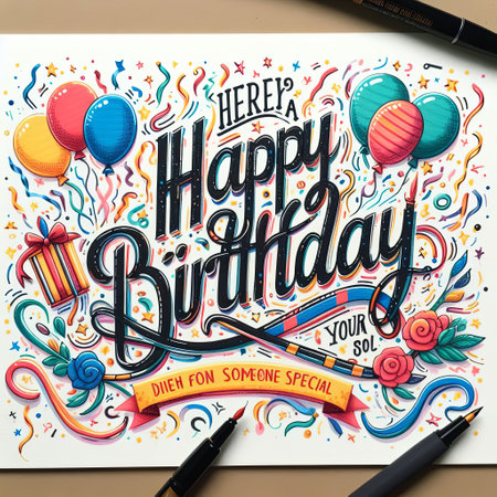 Happy Birthday greeting cards and poster with balloon, confetti and gift box, design template for birthday celebration, Generate Aiの素材