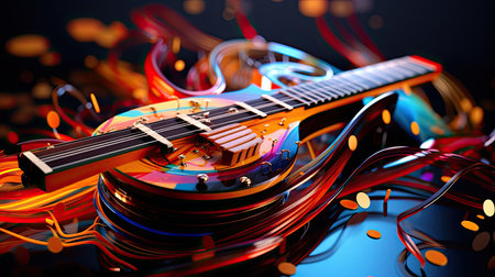 Colorful retro abstraction of musical instruments, modern and abstract multicolor music background with fluid structure, violin and guitar, generative aiの素材