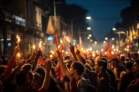 Activists protesting on the street. Group of protesters with their fists raised up in the air. People publicly demonstrating opposition. Generative AIの素材