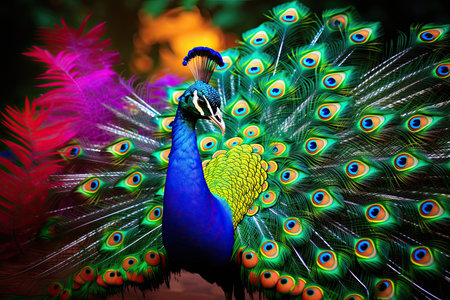 Portrait of beautiful peacock with feathers out, Close up of peacock showing its beautiful feathers, Generative AIの素材