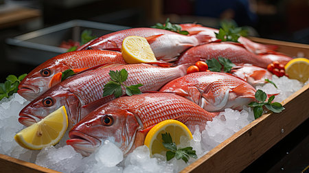 Fresh fish in a pile of ice in the supermarket or at the market, mixed fish for sale at the market, Background with fresh fish with ice, Generate Aiの素材