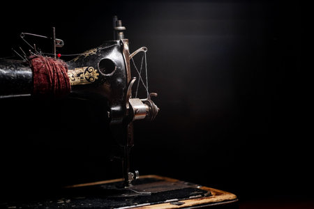 Old sewing machine stands on the table at home ready to work and sew.