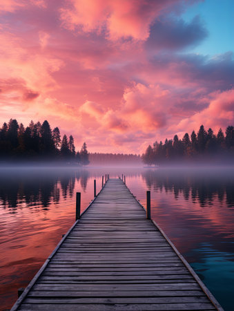 A straight flat simplistic rectangular lake dock, beautiful sunrise, foggy, calm water. Lake with a colorful sky. Nature relax wallpaper, Generative AIの素材