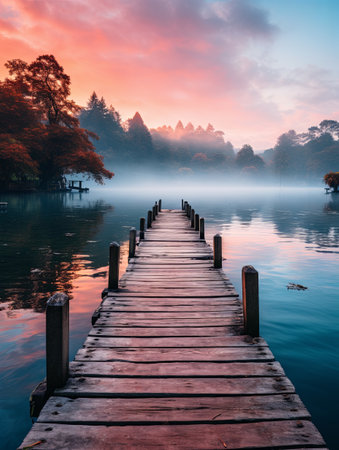 A straight flat simplistic rectangular lake dock, beautiful sunrise, foggy, calm water. Lake with a colorful sky. Nature relax wallpaper, Generative AIの素材