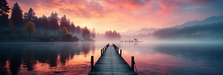 A straight flat simplistic rectangular lake dock, beautiful sunrise, foggy, calm water. Lake with a colorful sky. Nature relax wallpaper, Generative AIの素材