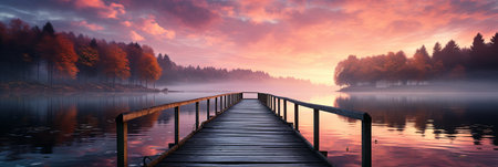 A straight flat simplistic rectangular lake dock, beautiful sunrise, foggy, calm water. Lake with a colorful sky. Nature relax wallpaper, Generative AIの素材