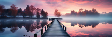 A straight flat simplistic rectangular lake dock, beautiful sunrise, foggy, calm water. Lake with a colorful sky. Nature relax wallpaper, Generative AIの素材