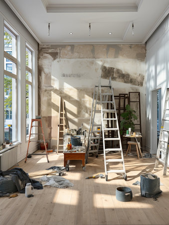 Sunny room that is being renovated. Paint cans, stepladder, building supplies. showing the process of renovating an apartment, working with tools, wall finishing, laying floor coverings. Copy spaceの素材