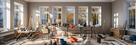 Sunny room that is being renovated. Paint cans, stepladder, building supplies. showing the process of renovating an apartment, working with tools, wall finishing, laying floor coverings. Copy spaceの素材