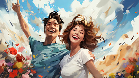 Smiling couple taking selfie with smartphone on beach summer. Holidays, vacation, travel and people concept. young happy couple in love newlyweds traveling on vacation taking selfie, Generative AIの素材