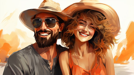 Smiling couple taking selfie with smartphone on beach summer. Holidays, vacation, travel and people concept. young happy couple in love newlyweds traveling on vacation taking selfie, Generative AIの素材