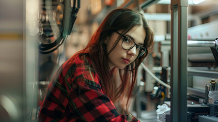 Confident young female engineer working on industrial machinery in a manufacturing plant. Female worker skillfully operating high-tech machinery in a modern manufacturing setting. Generative AI.の素材