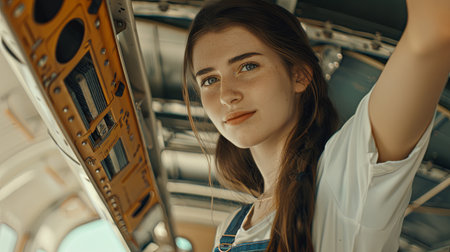 Confident young female engineer working on industrial machinery in a manufacturing plant. Female worker skillfully operating high-tech machinery in a modern manufacturing setting. Generative AI.の素材