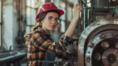 Confident young female engineer working on industrial machinery in a manufacturing plant. Female worker skillfully operating high-tech machinery in a modern manufacturing setting. Generative AI.の素材