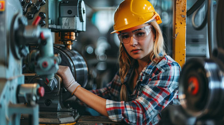 Confident young female engineer working on industrial machinery in a manufacturing plant. Female worker skillfully operating high-tech machinery in a modern manufacturing setting. Generative AI.の素材