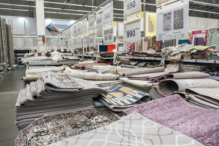 Wooden building in the city displaying colorful rugs and fabricsのeditorial素材
