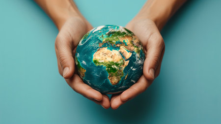 Two hands cradle a miniature Earth against a vivid blue background, symbolizing care and responsibility for our planet. World environment day, Earth world protection concept. Generative AI.の素材