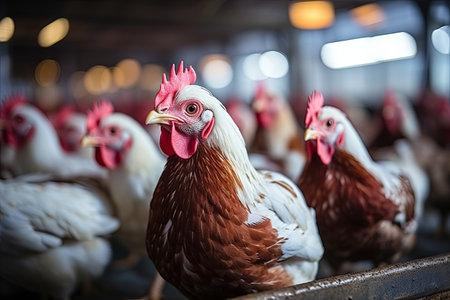 Close up chicken farm with chickens, Poultry farm, Modern animal husbandry and agriculture, Generative AI.の素材