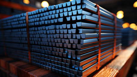Metal bars stacked on a storage unit. Close-up Steel rods in warehouse shelving. Generative AI.の素材