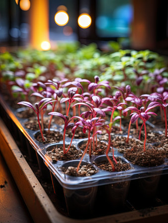 Growing seedlings indoors under a full spectrum led growing light. Growing seedlings of greens and tomatoes at home under the ultraviolet light of grow lights, Generative AI.の素材