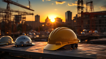 Workmans yellow safety helmet for construction site with concrete flooring in the city emphasizing safety for engineers or workers safety first with copyspace for text, Generation AI.の素材
