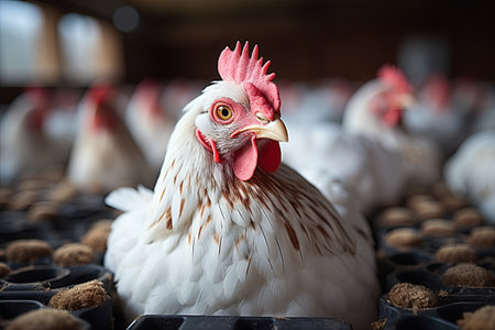 Close up chicken farm with chickens, Poultry farm, Modern animal husbandry and agriculture, Generative AI.の素材