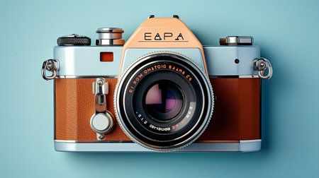 Camera on a light blue background, Space for text, Blank paper album mockup, Generative AI.の素材