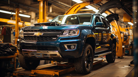 Repaired car on a lift in the garage for inspection and condition check, Generative AI.の素材