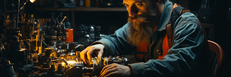 An auto mechanic works in the garage. A mechanic inspects and repairs parts before replacing them on a car, Generative AI.の素材