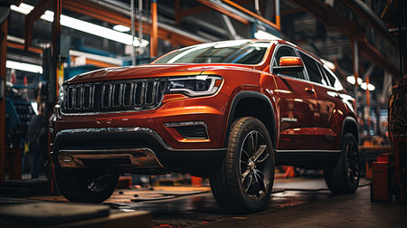 Repaired car on a lift in the garage for inspection and condition check, Generative AI.の素材