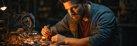 An auto mechanic works in the garage. A mechanic inspects and repairs parts before replacing them on a car, Generative AI.の素材