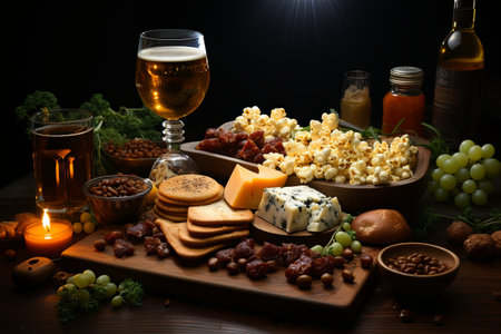 A rustic wooden board hosts an array of delights beer snacks, cheeses, sausages, nuts, shrimp, and popcorn. Perfect for gastronomic photography and pairing with your favorite brews, Generative AI.の素材