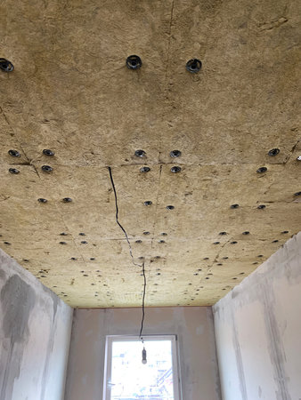 Insulation panels made of mineral wool, which were glued to the ceiling.