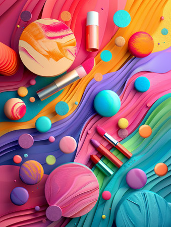 A colorful background featuring a diverse array of different items, ranging from makeup products to office supplies, creating a visually stimulating composition. Generative AIの素材