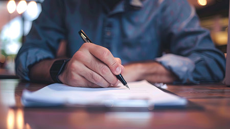 A man sits at a desk, pen in hand, writing on a piece of paper, possibly signing a contract. Generative AIの素材