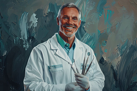 A painting of a man in a lab coat holding a pair of scissors. Generative AIの素材