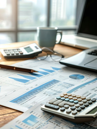 A calculator is placed on top of a table next to a laptop, surrounded by financial documents, creating a professional workspace for accounting tasks. Generative AIの素材