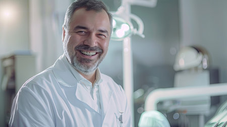 A man in a white shirt smiling at the dentists office. Generative AIの素材
